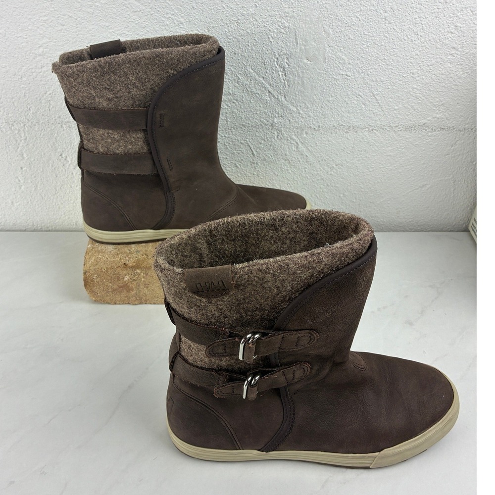 Helly Hansen Brown Leather Wool Blend Buckle Winter Boots Size 8.5 Gorpcore Cozy - Picture 2 of 14